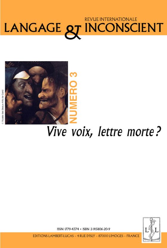 Couverture : Revue Langage & inconscient n° 3 (janvier 2007) Vive voix, lettre morte ?